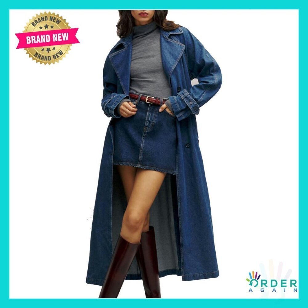 Denim Trench Coat Double Breasted Classic Lapel Midi Overcoat With Belt